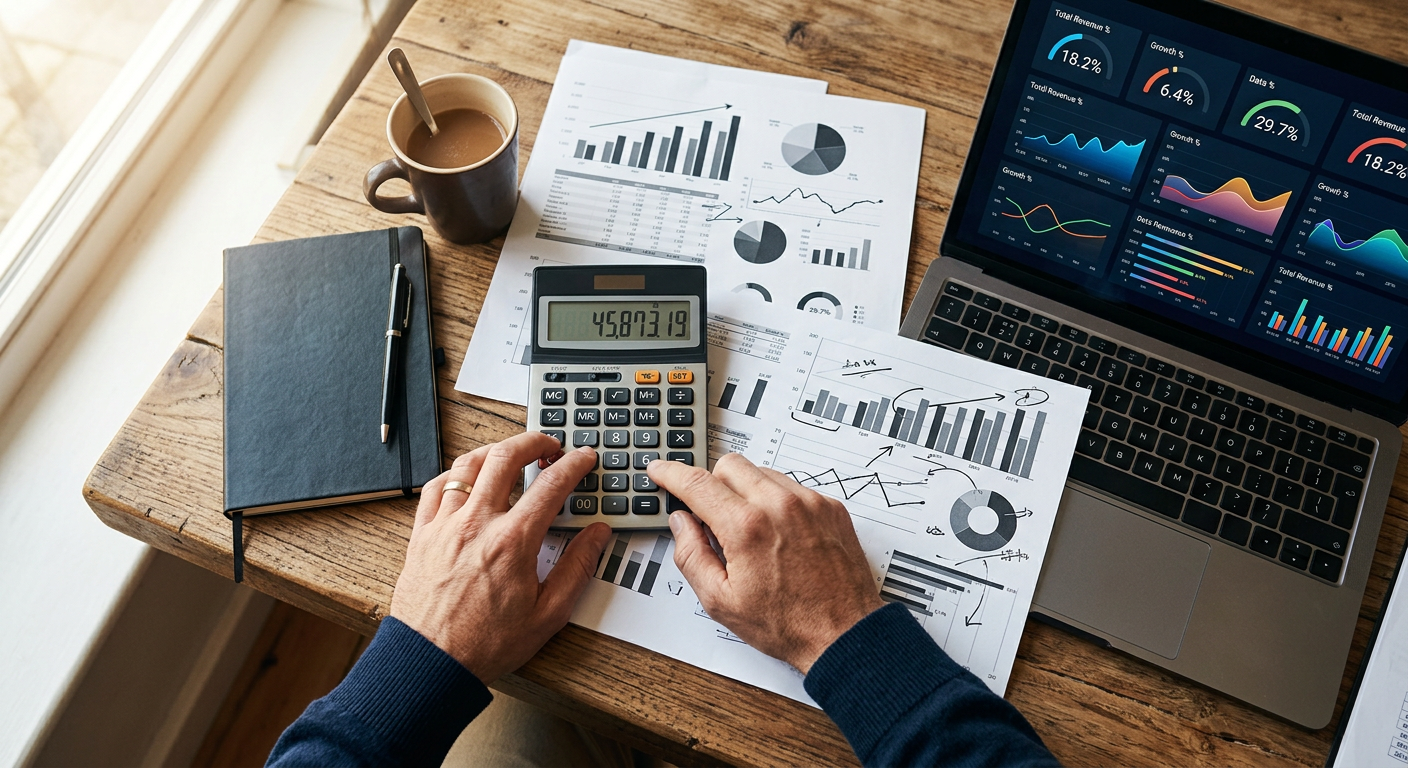 Hands calculating trading fees and percentages on a calculator beside financial charts