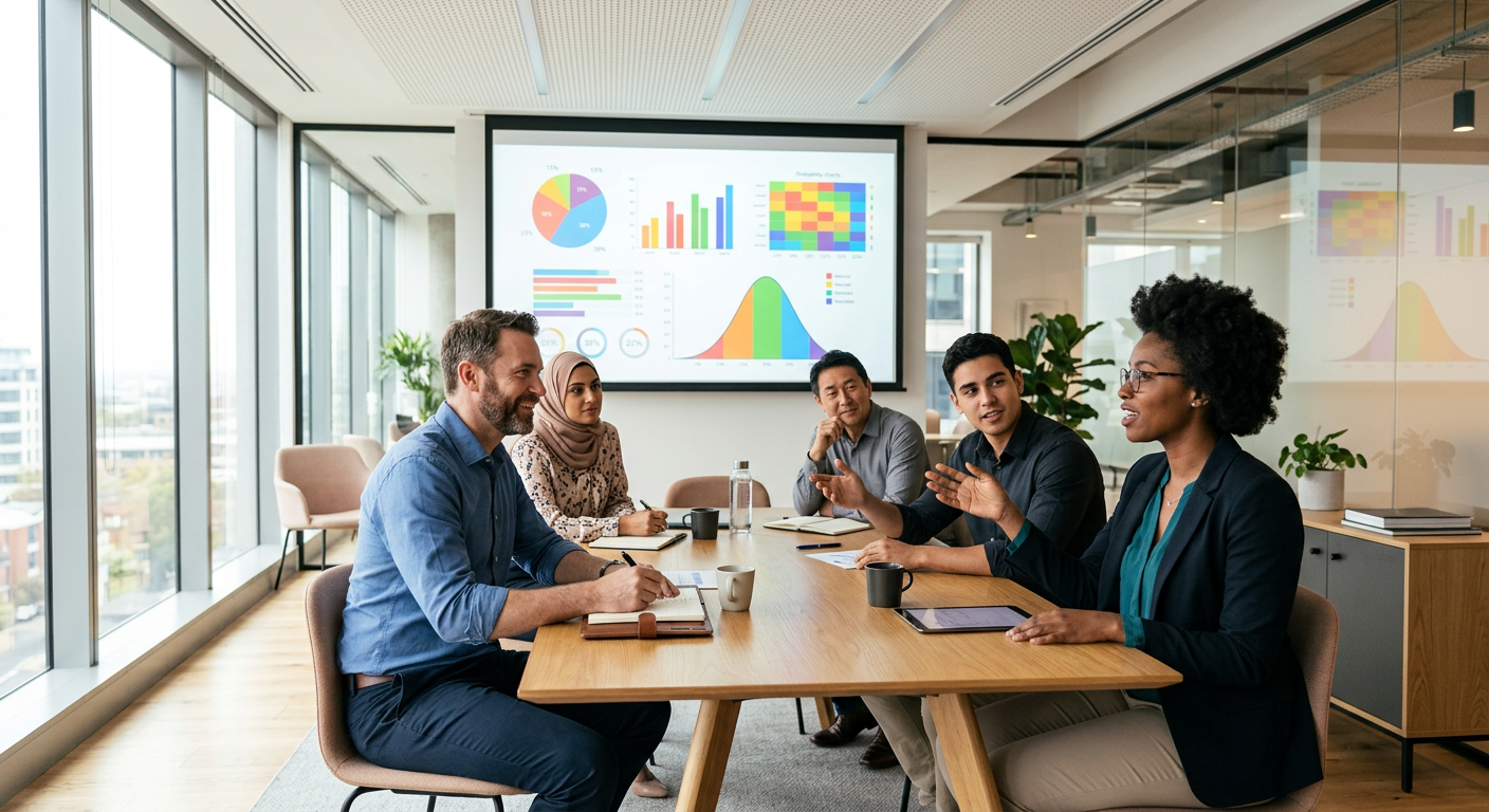 Group of professionals discussing data trends around a conference table with charts projected on a screen