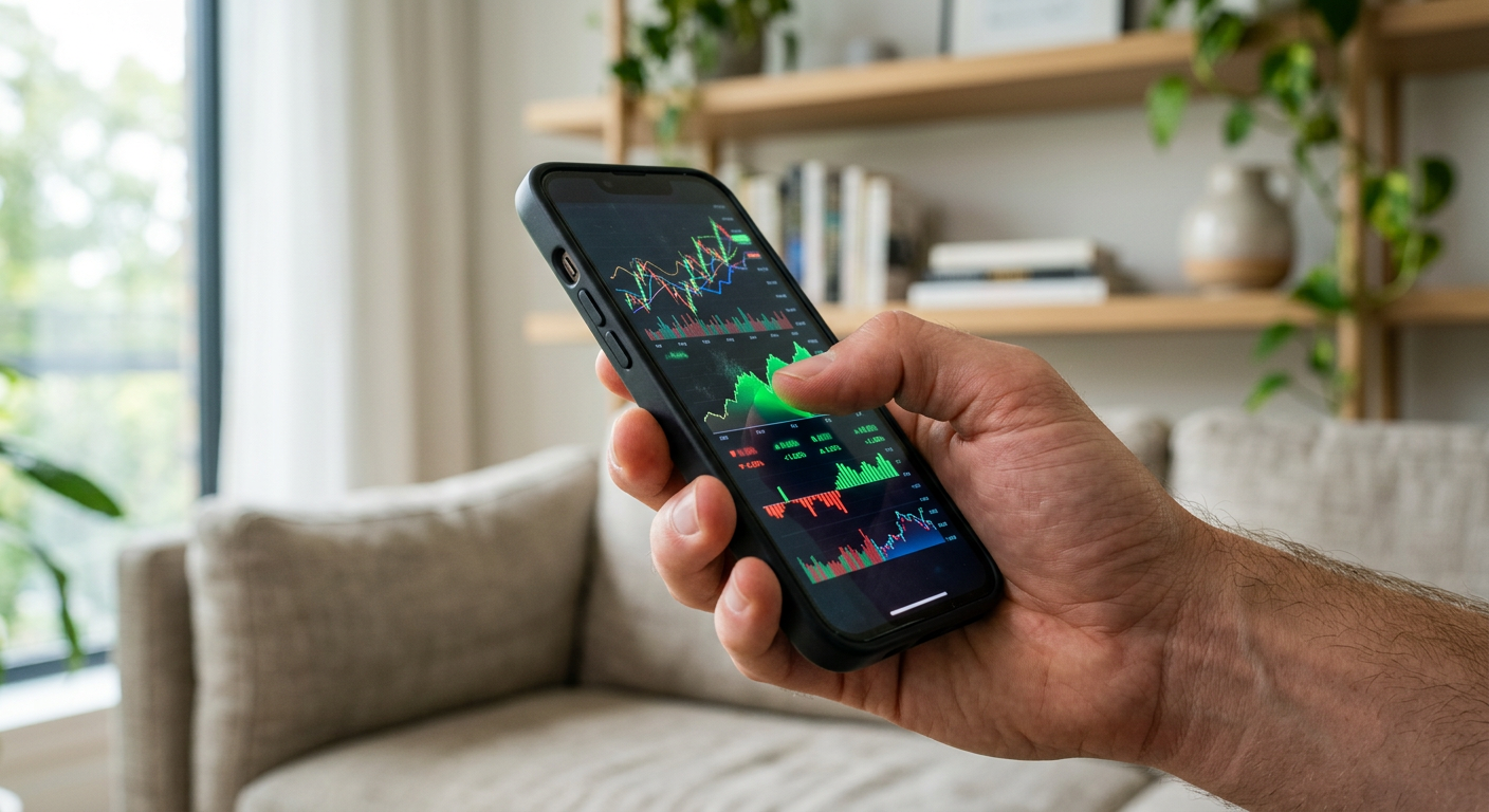 Close-up of a smartphone showing a trading app interface with fluctuating price charts