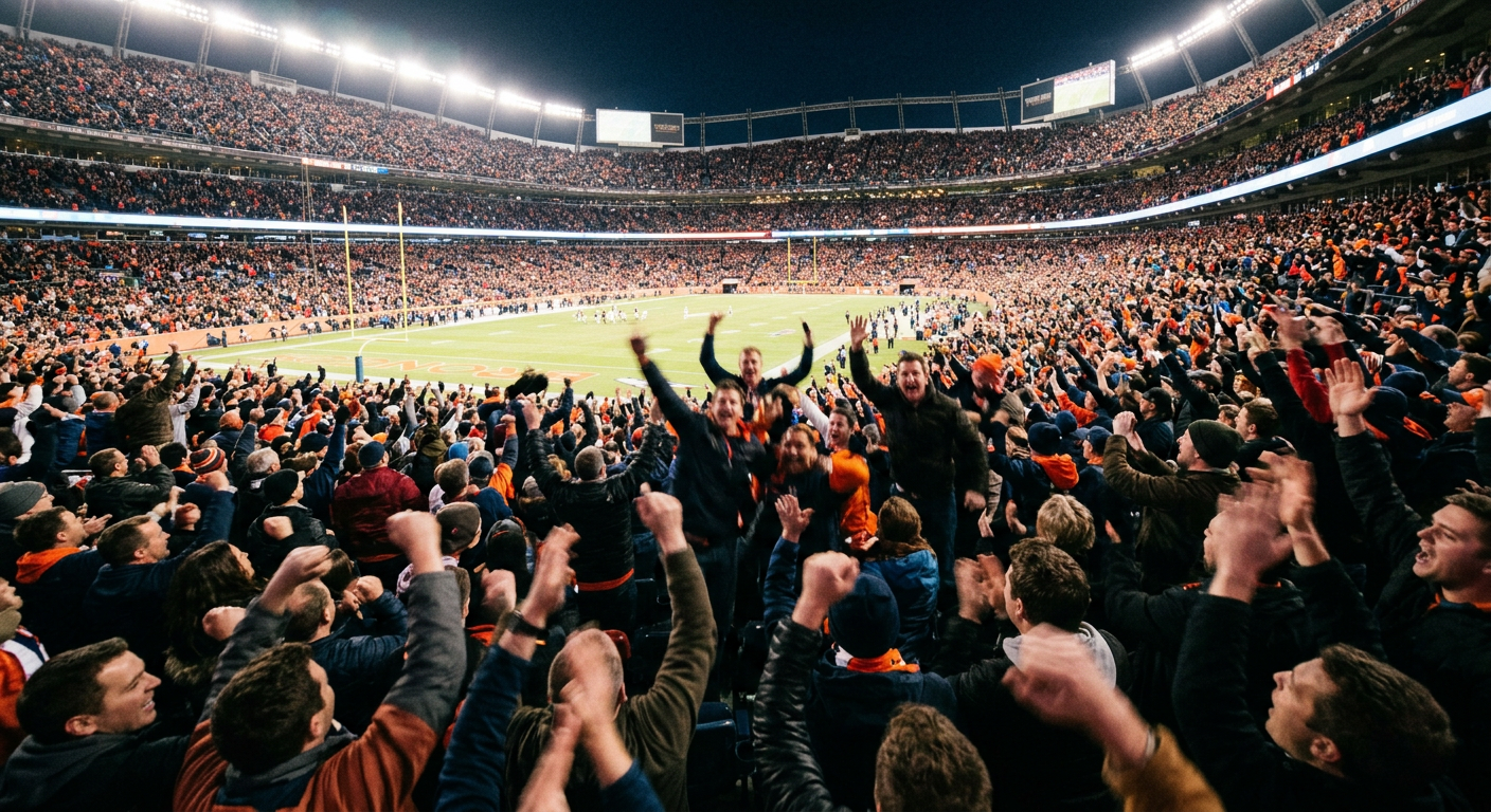 Stadium crowd watching a live sports game with data overlay concept