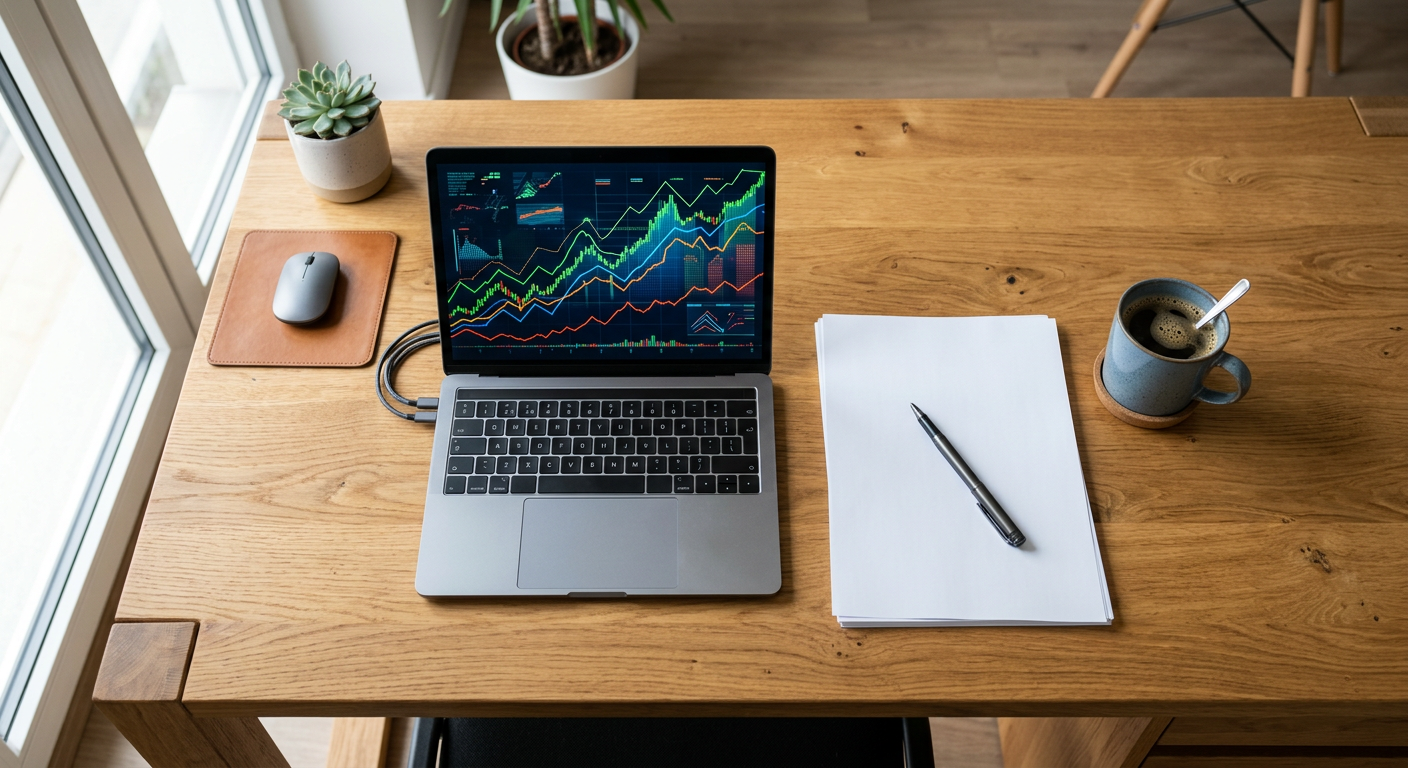 Person reviewing financial regulatory documents next to a laptop with trading charts