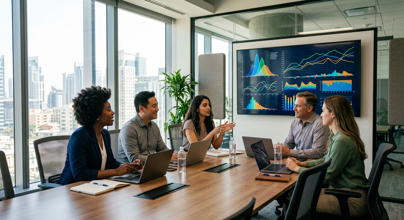 Group of people discussing election forecast data on a large screen in an office