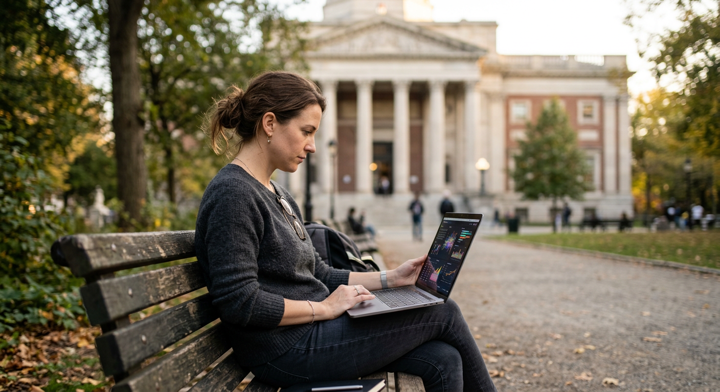 Person reviewing a laptop with government building blurred in background