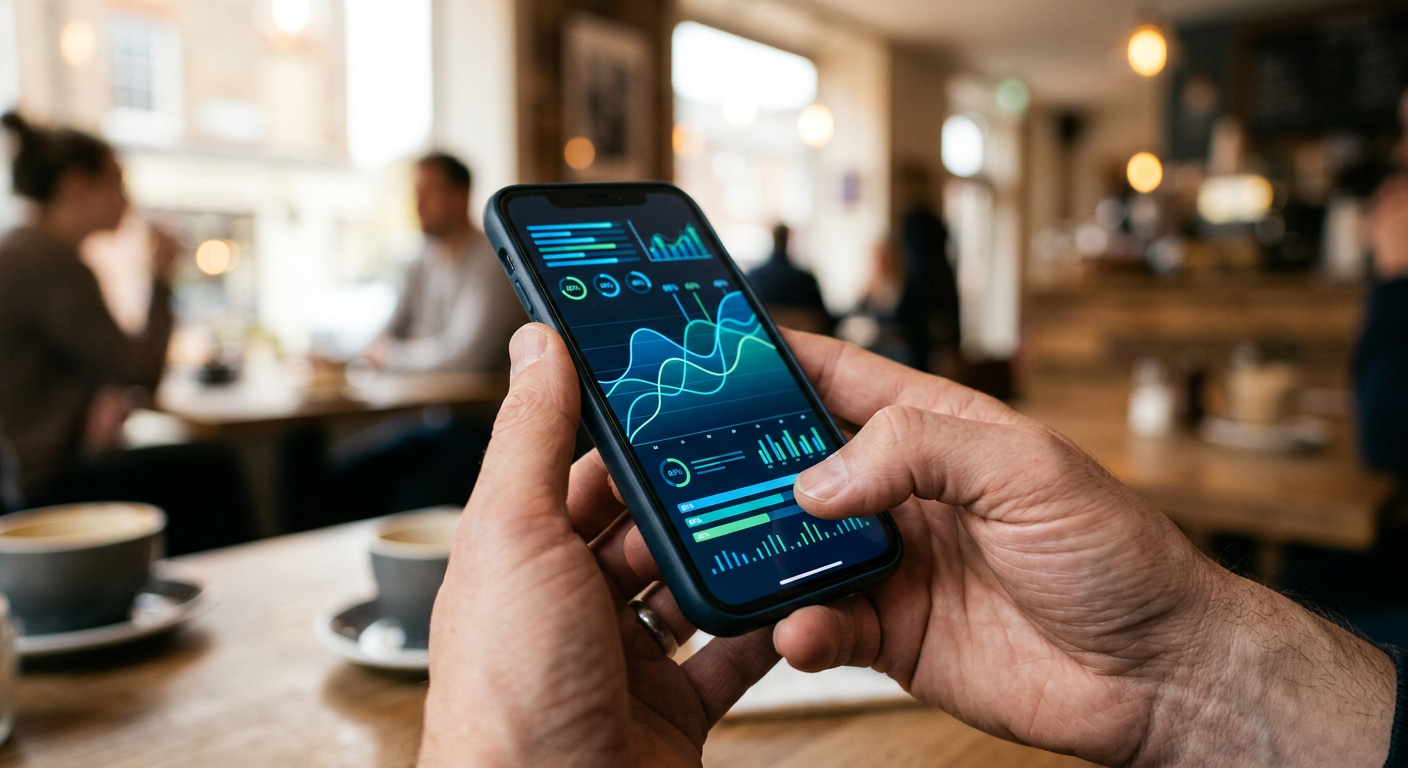 Close-up of hands using a mobile trading app with market probability graphs