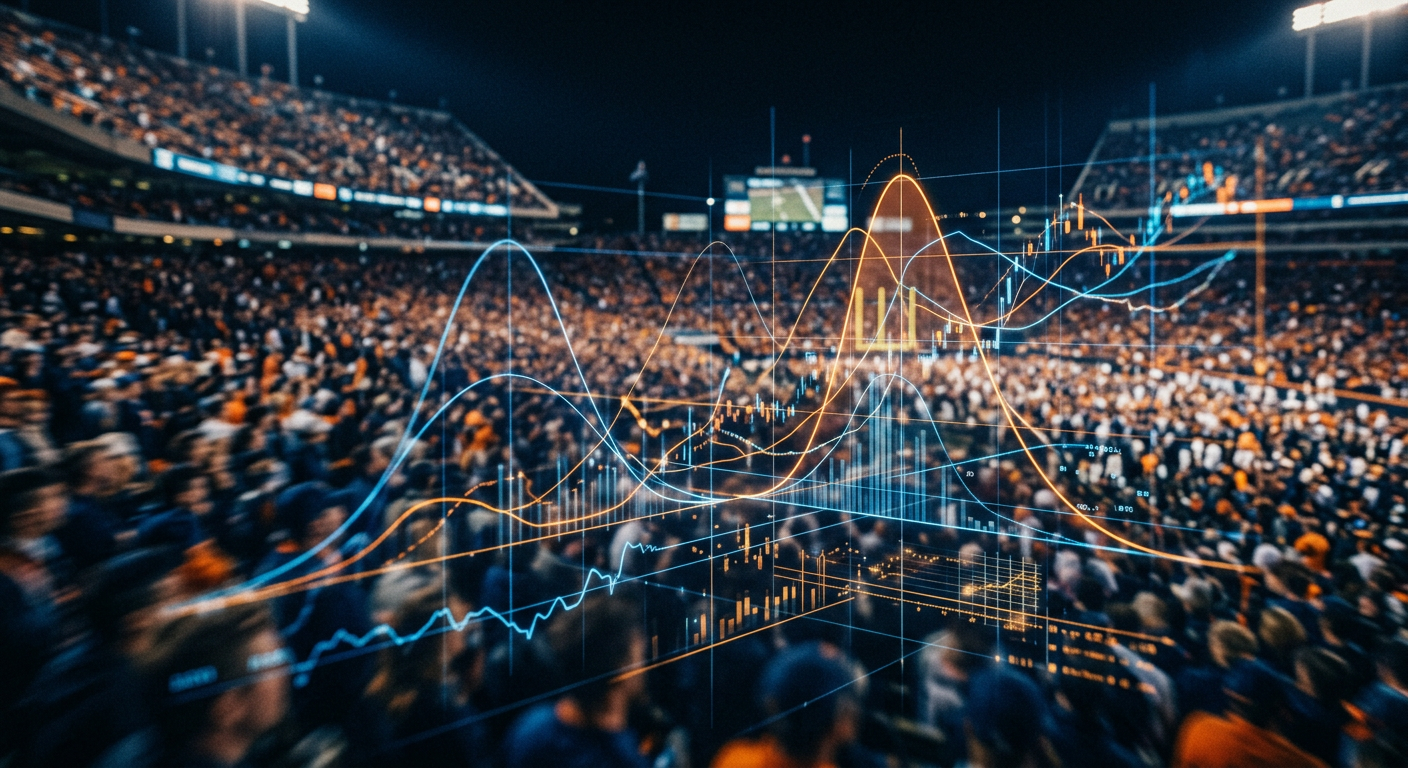 Split screen concept showing sports stadium and stock-like data streams