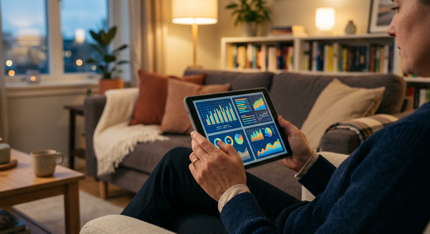 Person comparing multiple trading platforms on a tablet at home