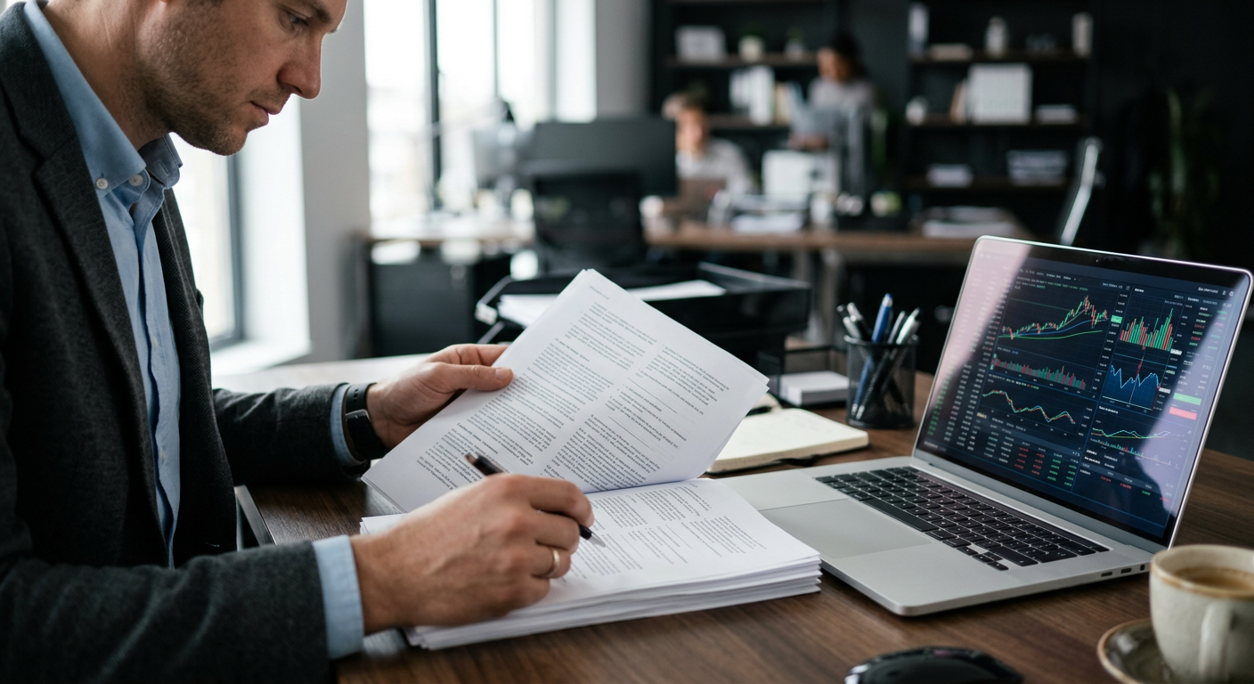 Business analyst reviewing regulatory documents and market data side by side
