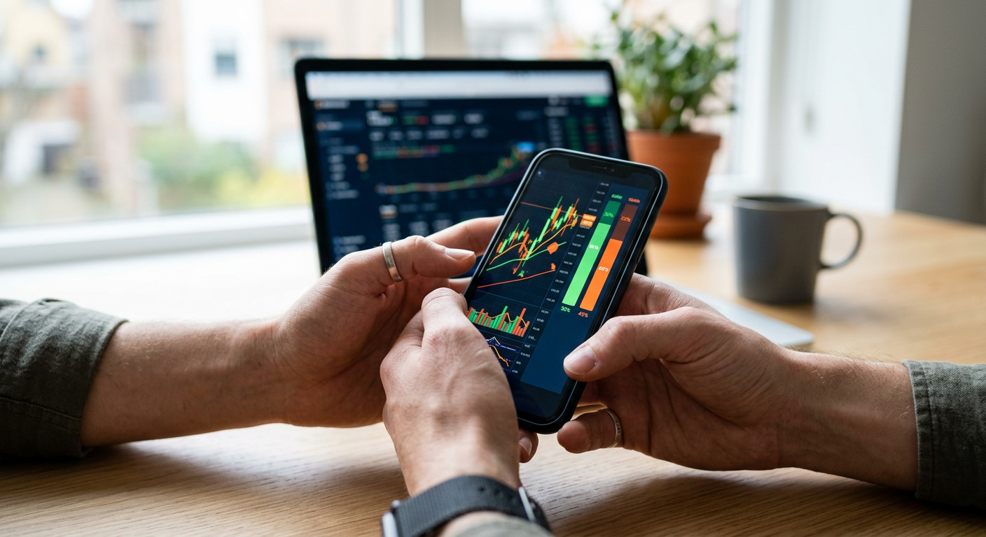 Close-up of hands using a smartphone trading app interface