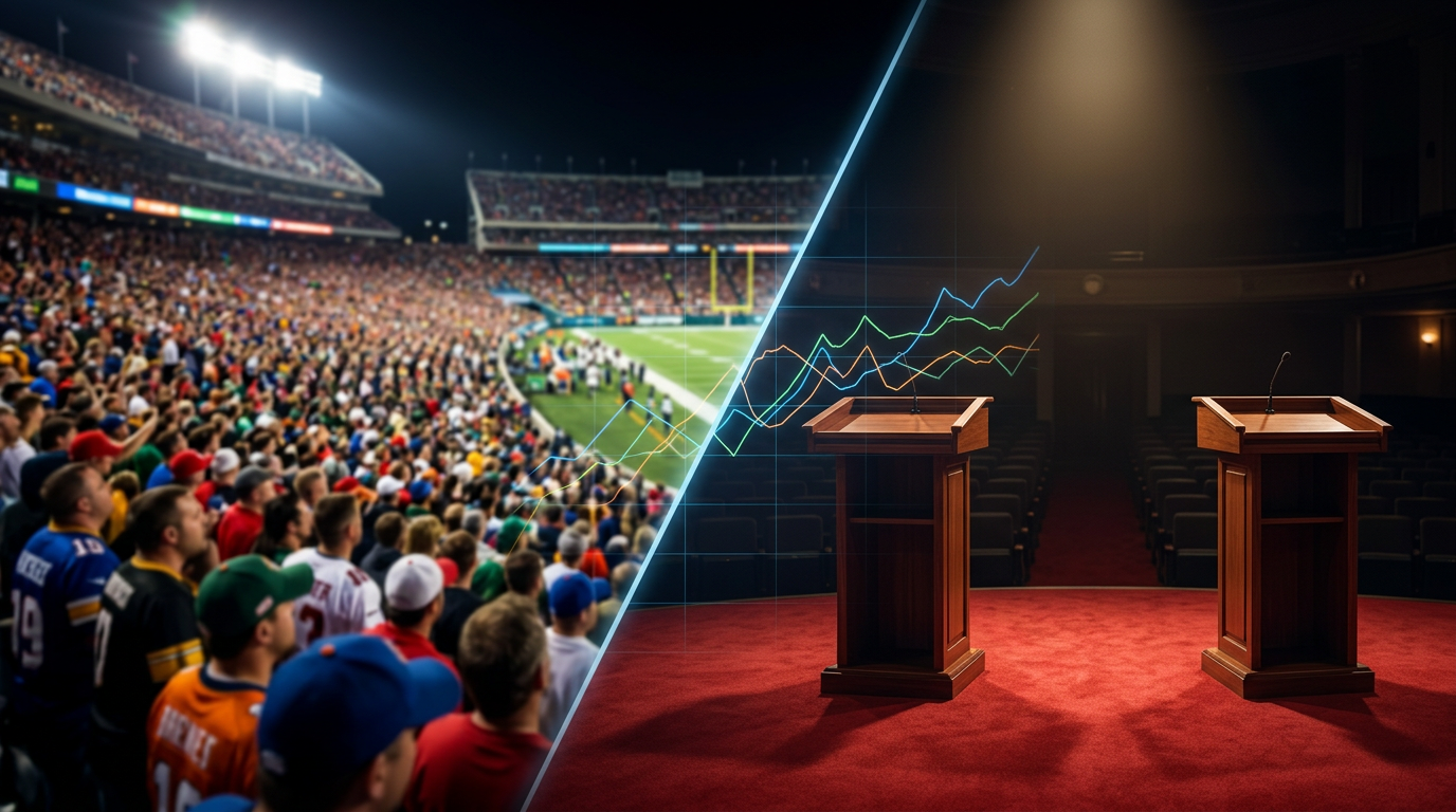 Split-screen concept of sports stadium and political debate podiums representing market categories