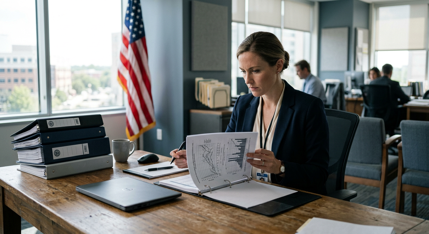 Regulatory official reviewing financial documents in a government office setting