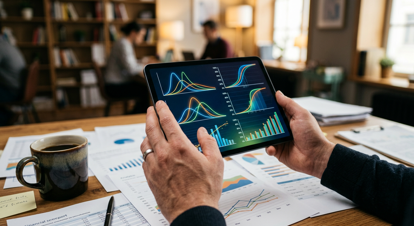 Close-up of hands analyzing probability charts and market trend data on a tablet