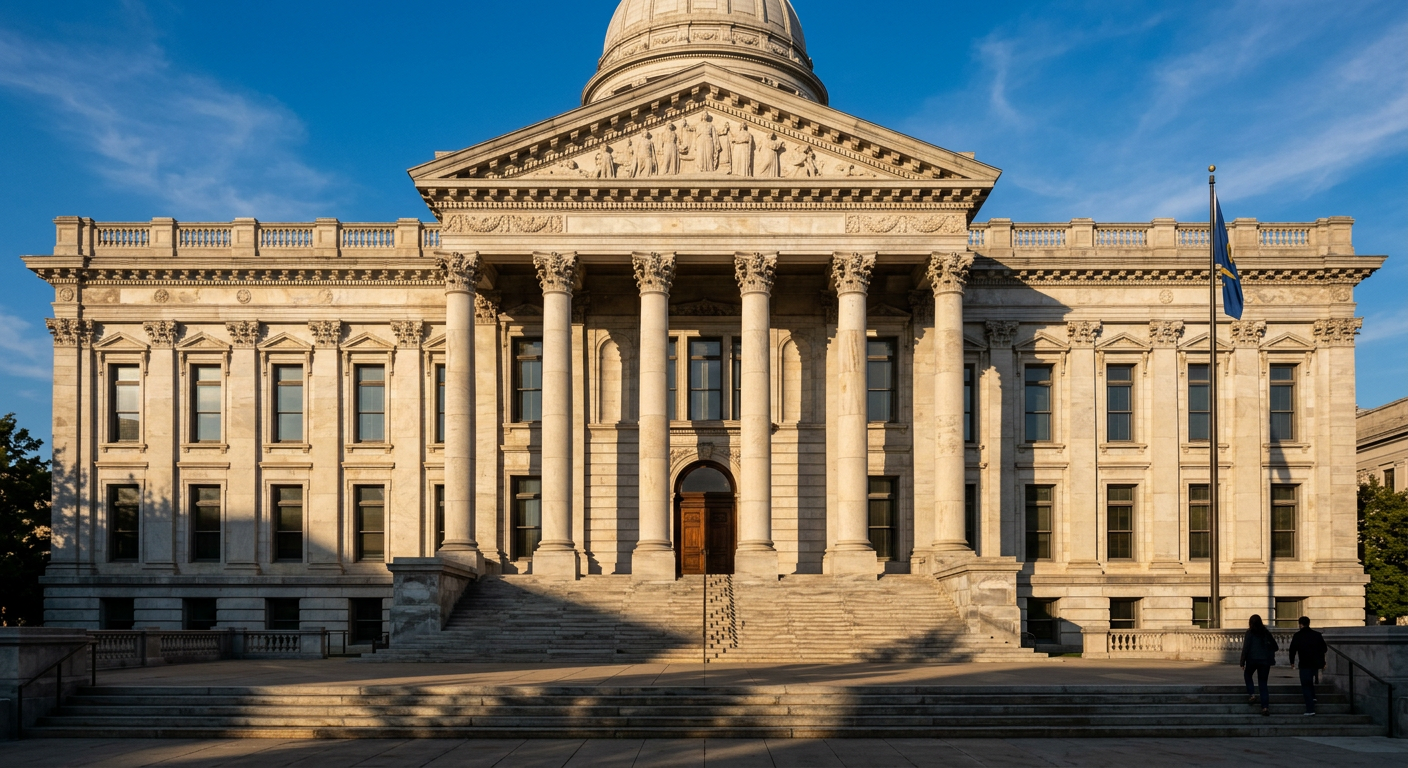 Silhouette of a courthouse building symbolizing financial regulation and legal oversight