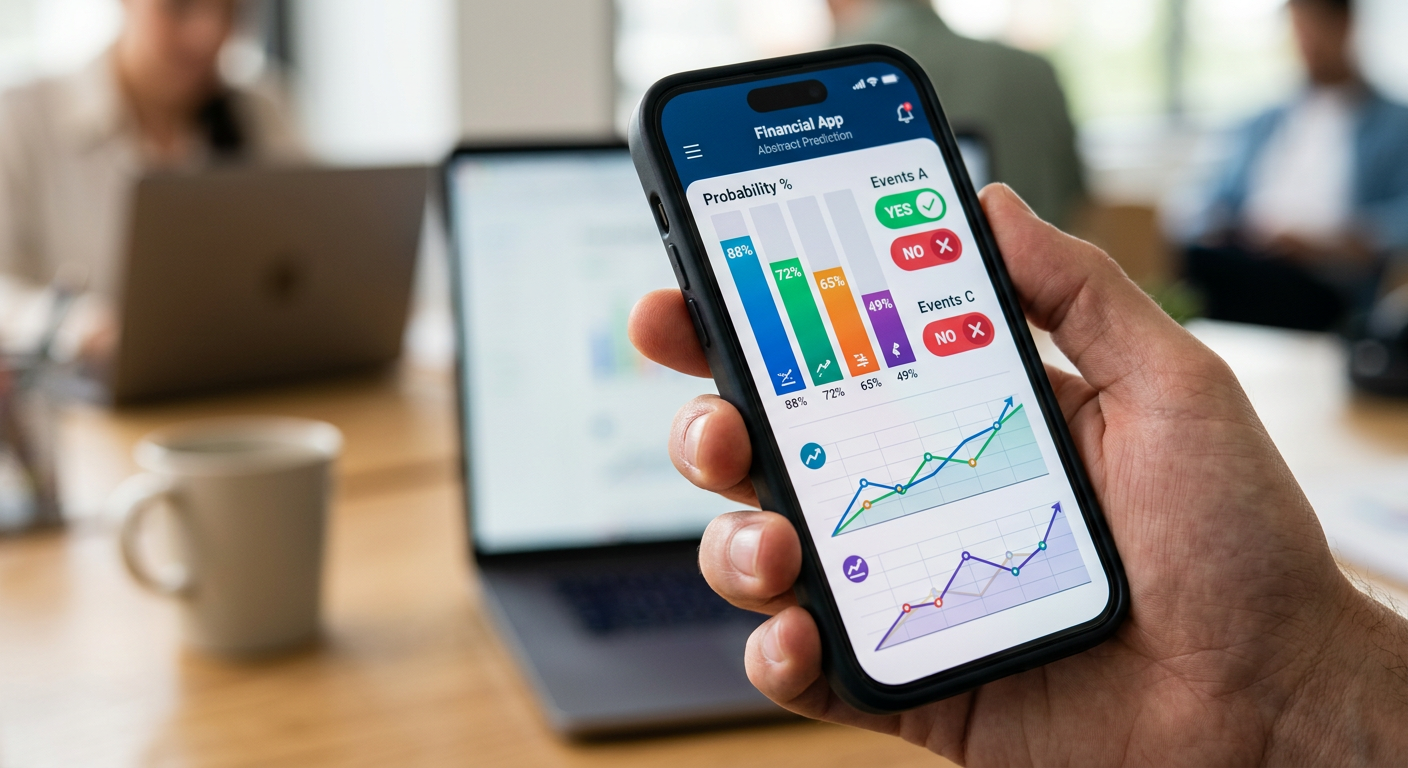 Close-up of a smartphone showing probability percentage graphs for market predictions