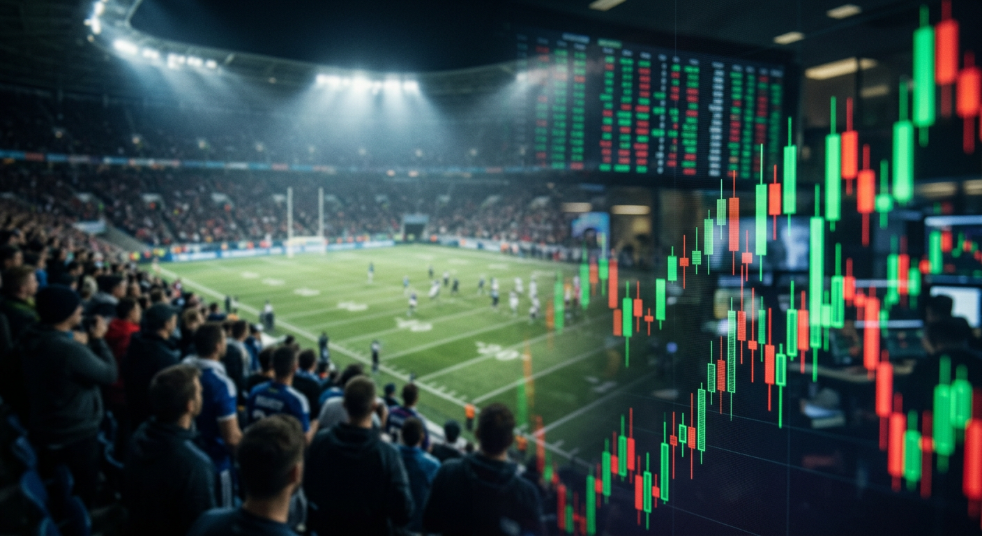 Split-screen visual representing sports and financial market event outcomes
