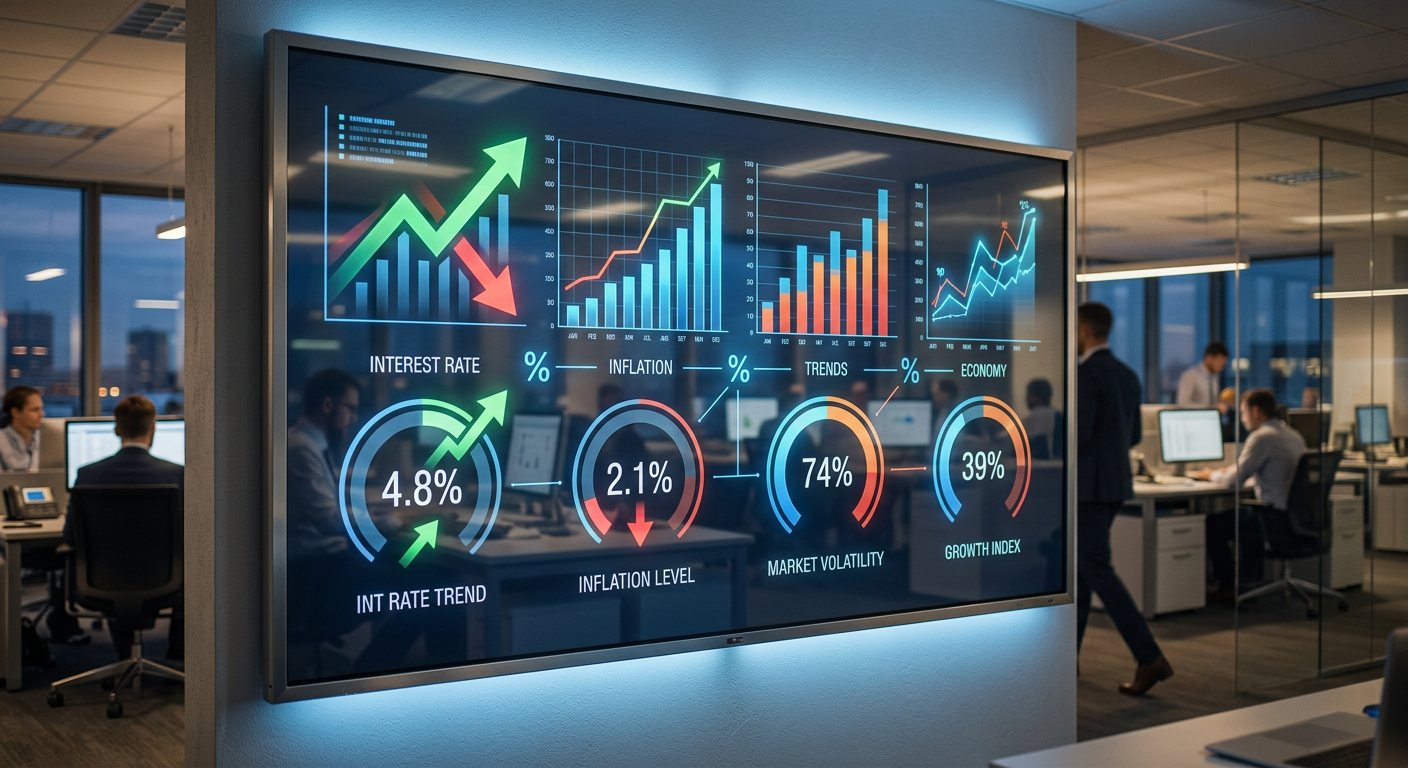 Digital dashboard showing economic indicators like interest rates and inflation data