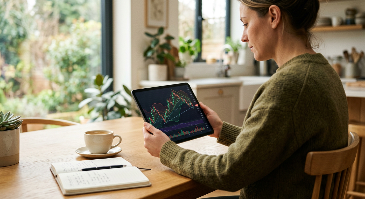 Person comparing cryptocurrency price charts on a tablet in a bright workspace