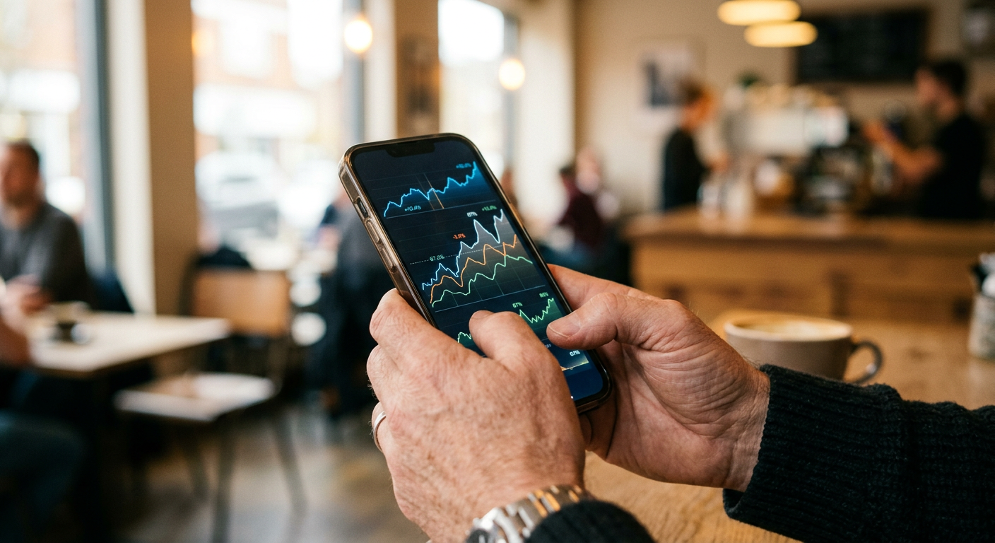 Close-up of hands holding a smartphone with financial trading charts, symbolizing risk and uncertainty
