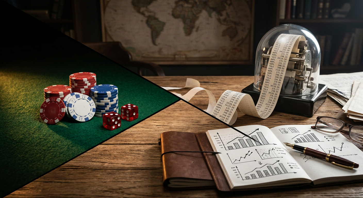 Split image concept showing a casino chip and a stock market ticker representing the overlap between gambling and financial trading