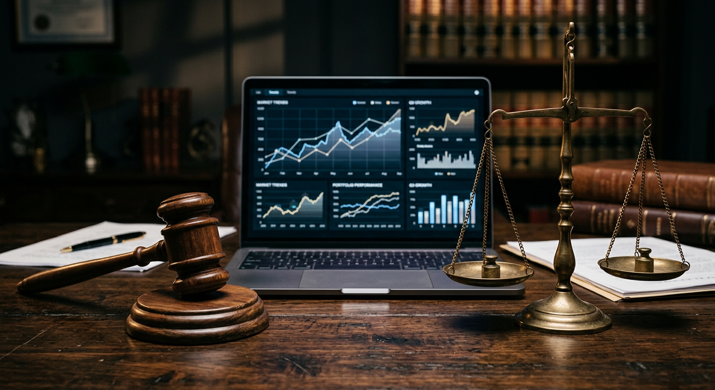 Gavel and scales of justice beside a laptop displaying trading graphs, representing regulatory debate over prediction markets