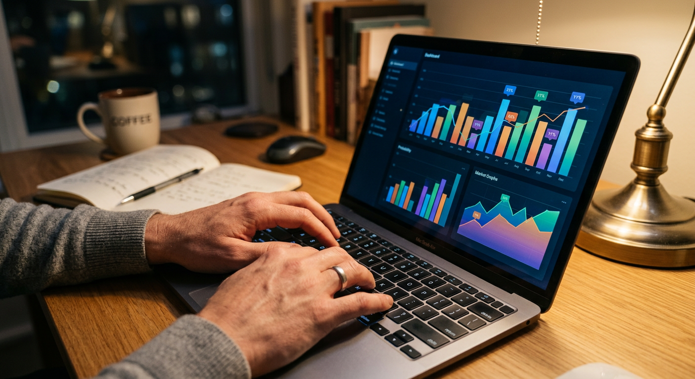 Close-up of hands using a laptop to trade on an event-based prediction market platform
