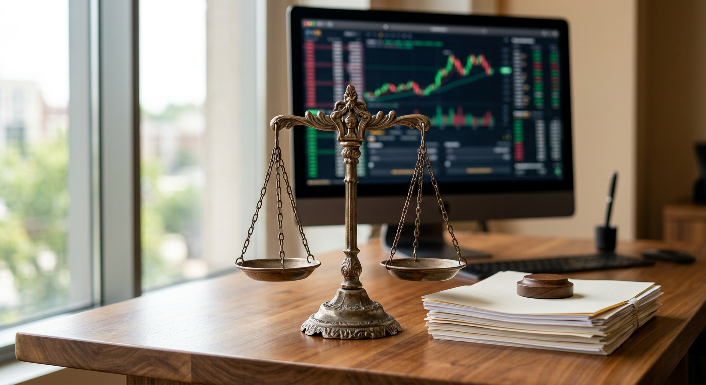 Regulatory compliance concept with scales of justice and financial charts