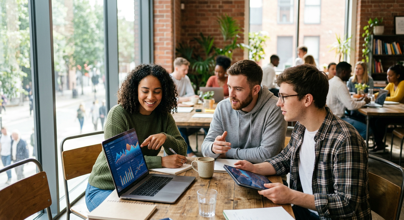 Group of people discussing forecasts and data on a shared screen in a casual meeting