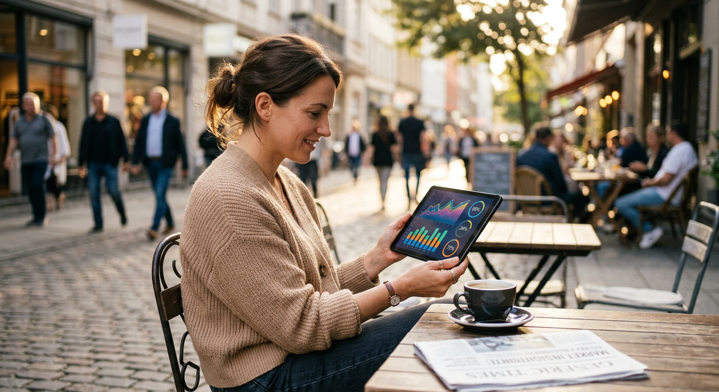Person comparing betting odds and news headlines on a tablet outdoors