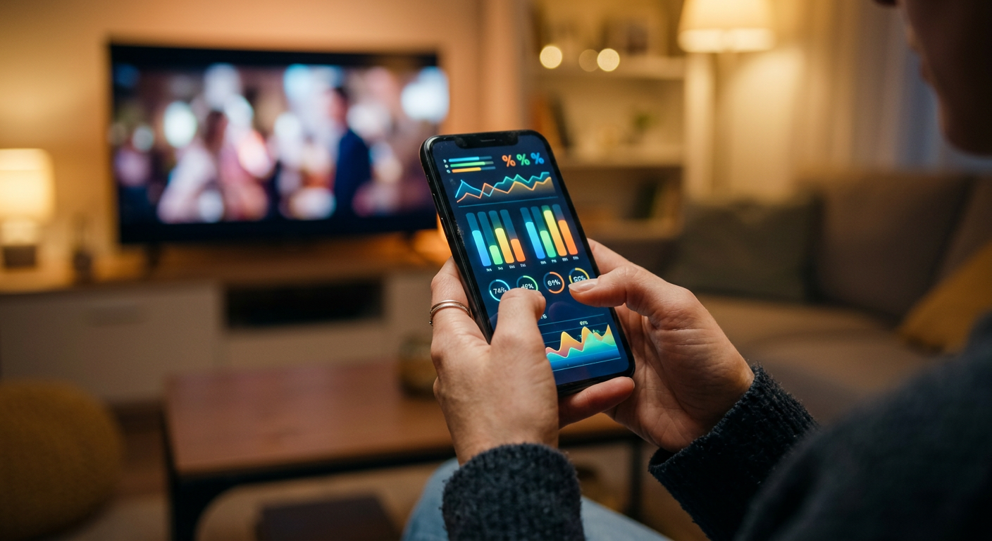 Person watching prediction market odds on a smartphone while a television plays in the background