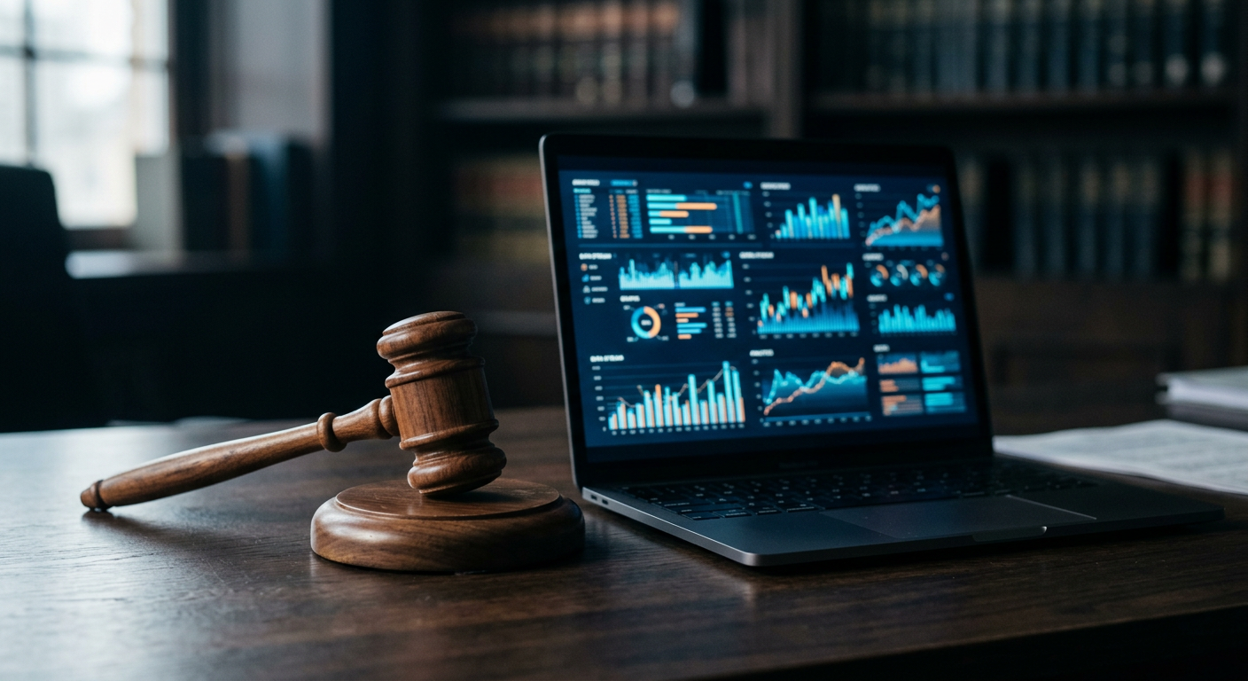 Regulatory oversight concept with a gavel and digital data streams representing government scrutiny of online platforms