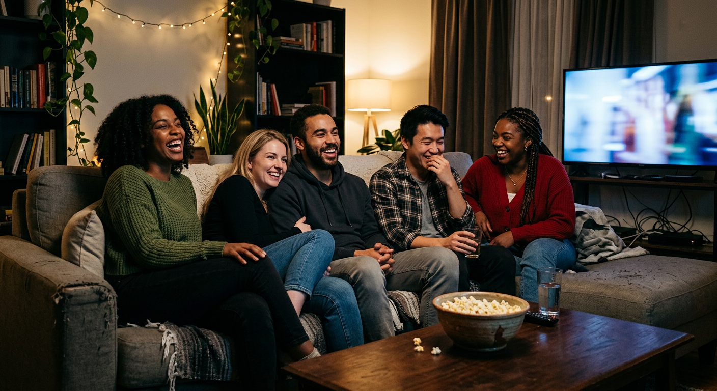 Group of people reacting with laughter while watching a satirical television show at home