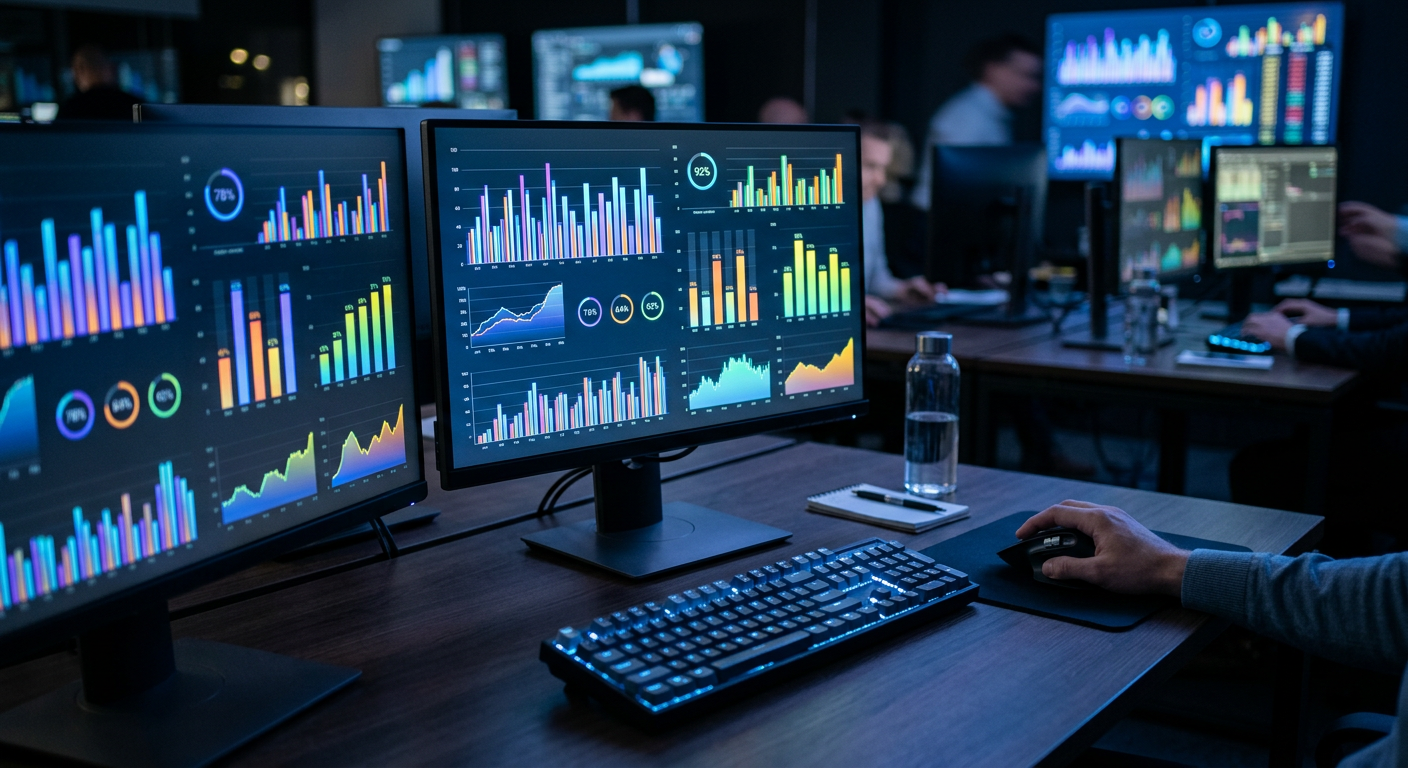 Abstract visualization of digital betting odds and probability charts on multiple screens