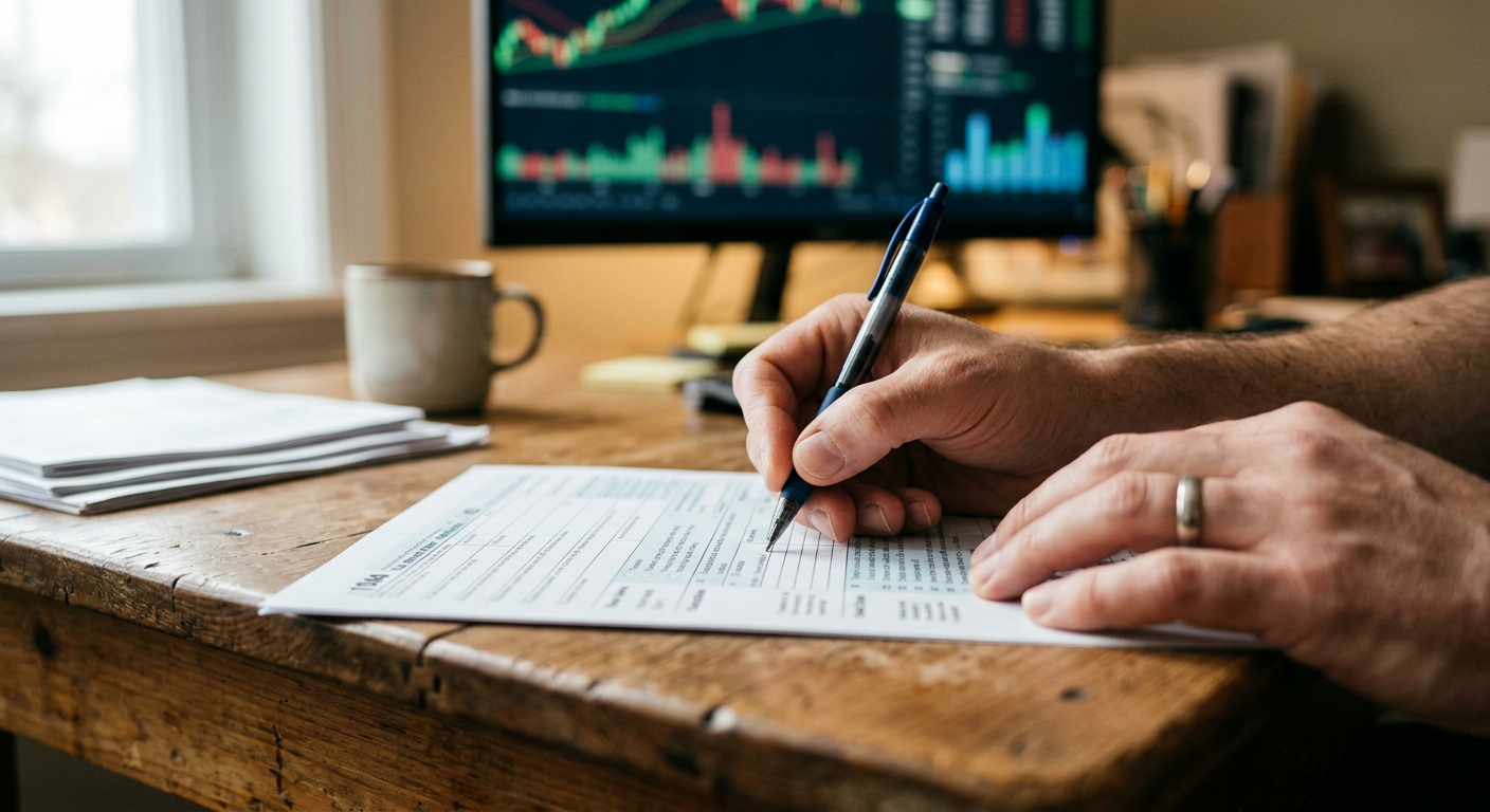 Close-up of hands filling out tax paperwork with financial charts in the background