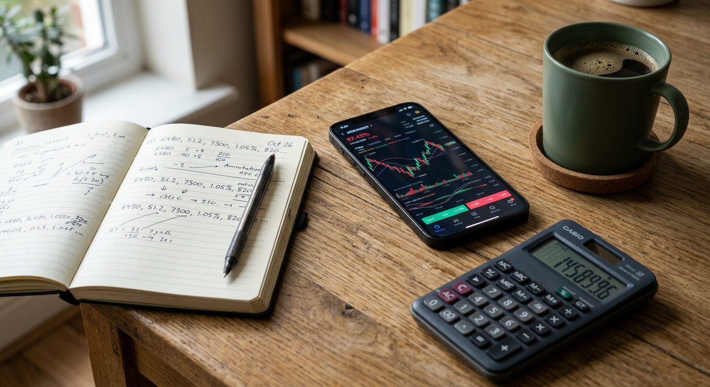 Smartphone showing a trading app interface next to a notebook and calculator