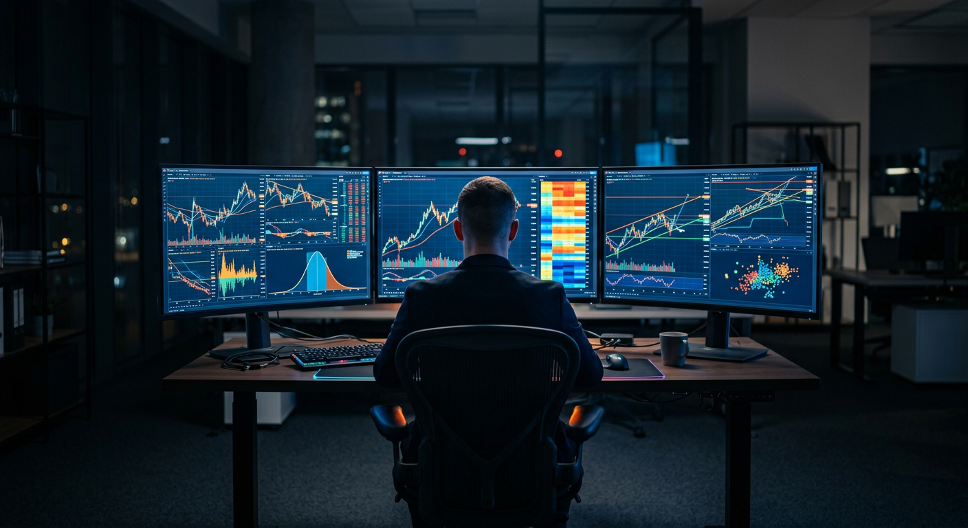 Silhouette of a person analyzing financial data on multiple monitors representing market speculation