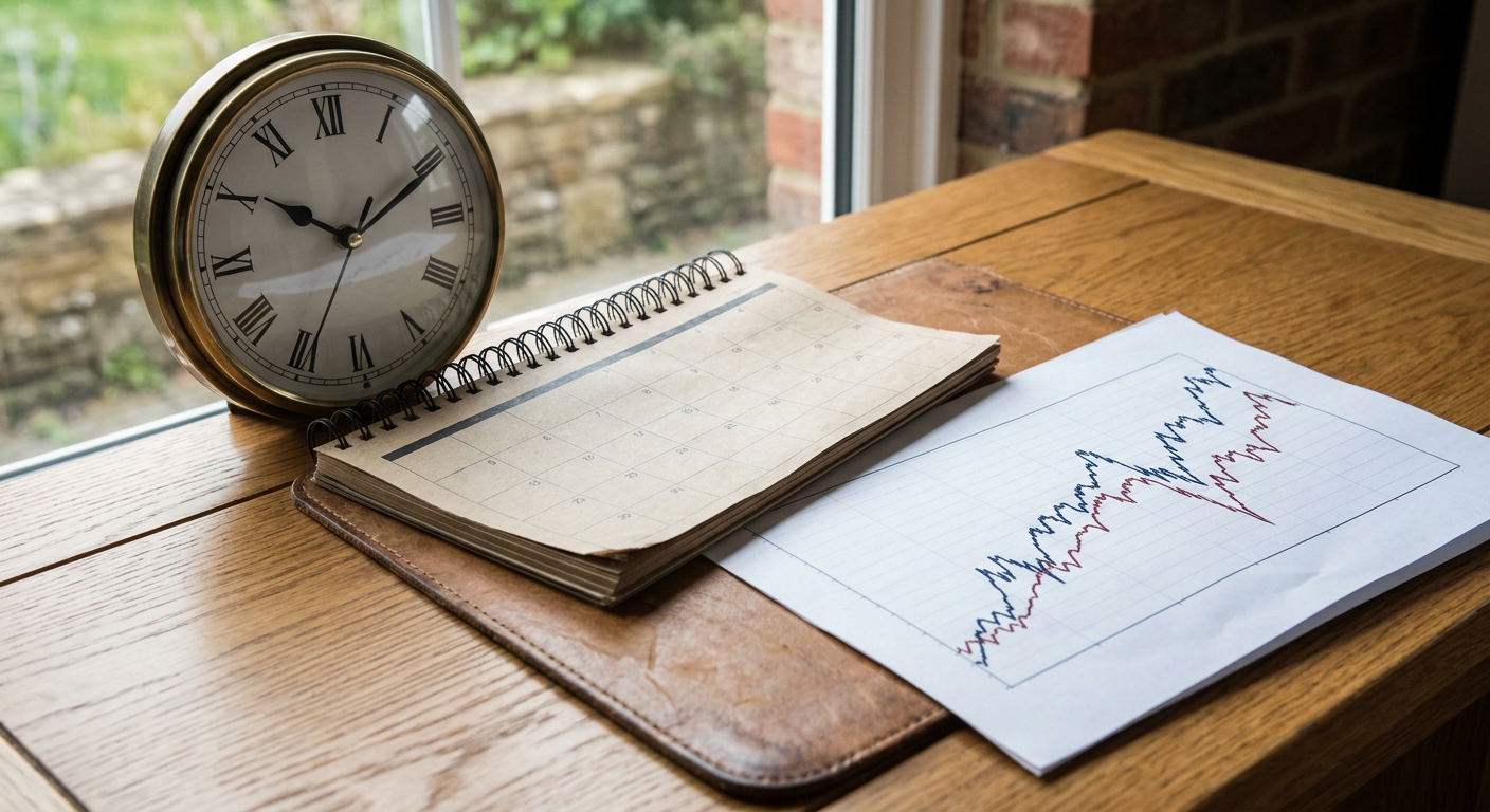 Calendar and clock next to financial charts symbolizing short-term trading periods
