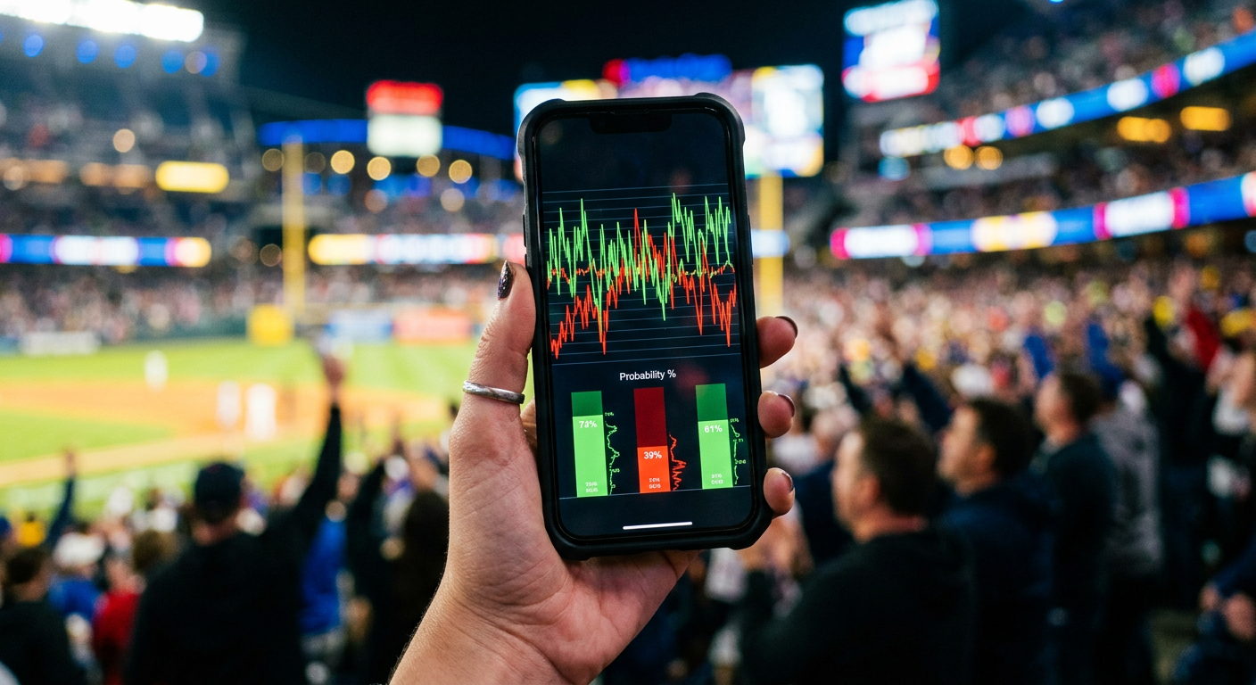Close-up of a smartphone showing fluctuating probability percentage graphs for sports outcomes
