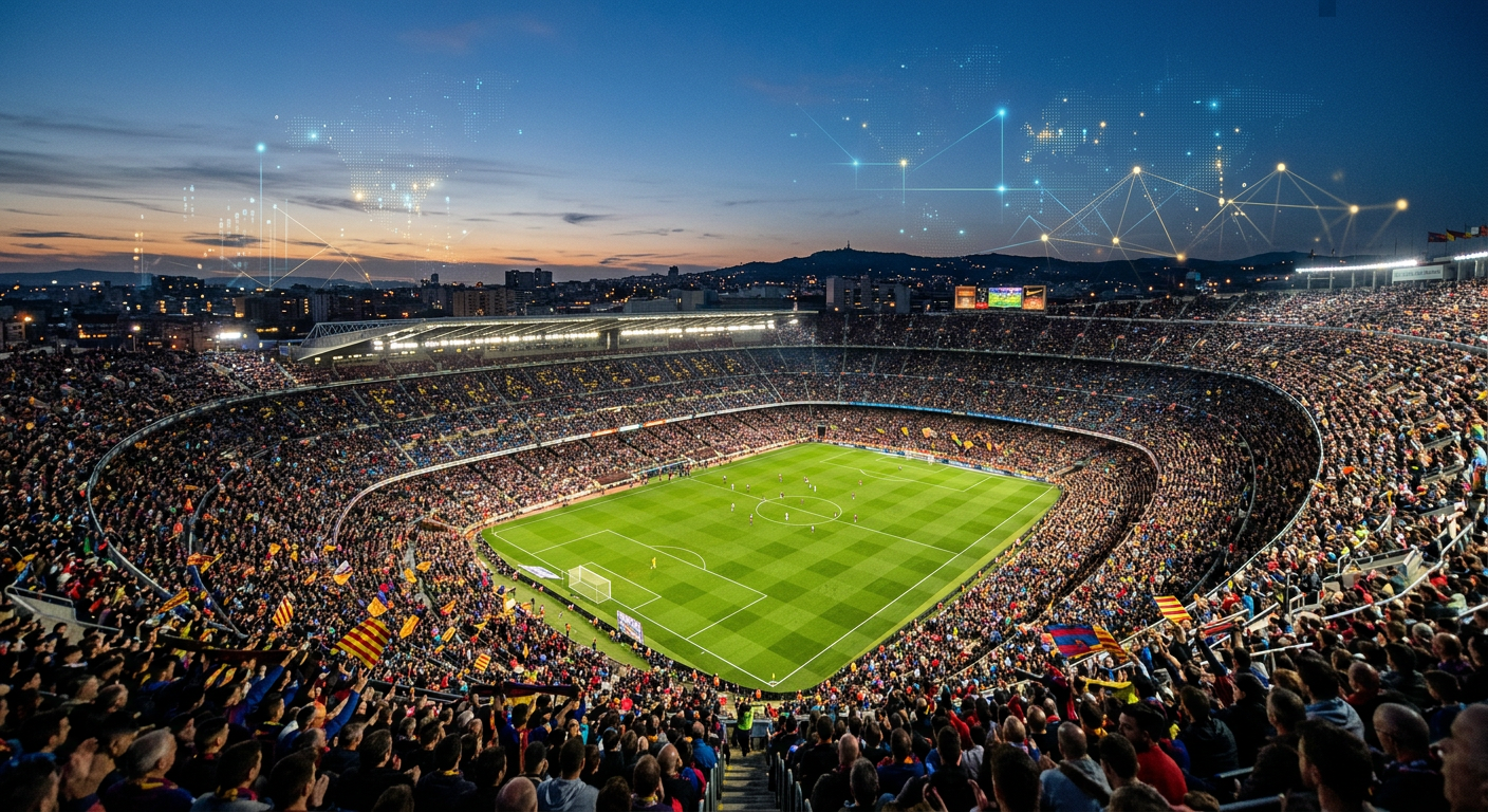 Soccer stadium at dusk with digital data overlay concept representing market predictions