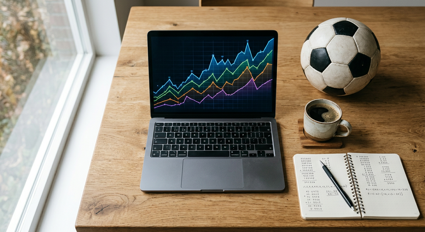 Person using a laptop with charts and a soccer ball on the desk, representing online prediction trading