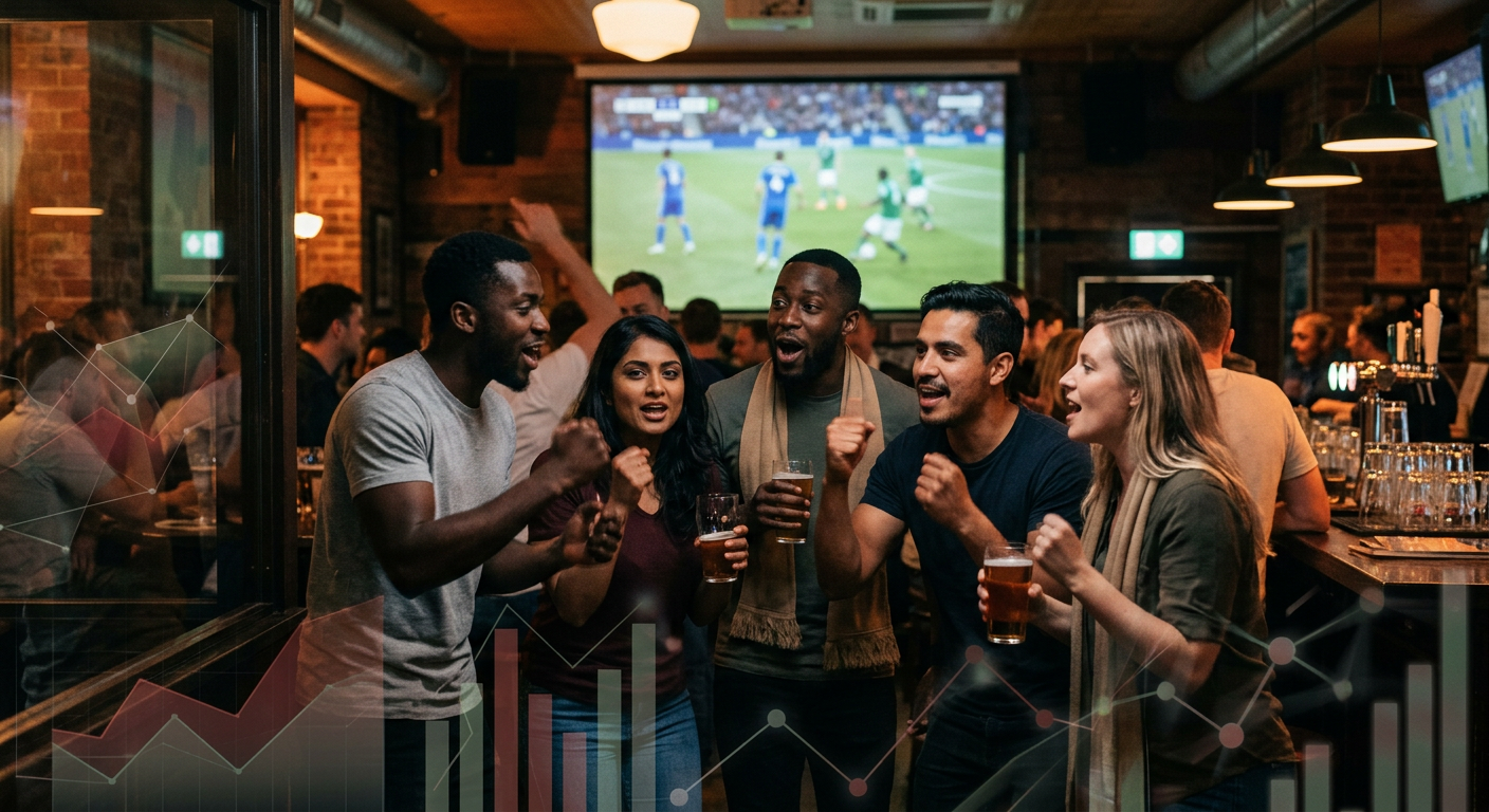 Diverse group of fans watching a match on a large screen with data visualization elements