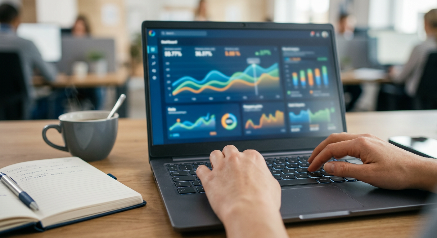 Close-up of a financial analyst reviewing futures market charts on a laptop