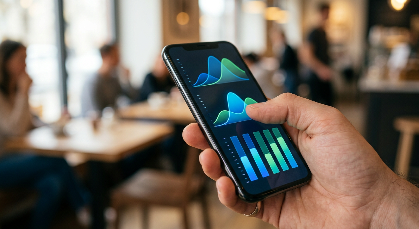 Close-up of a smartphone showing fluctuating probability percentage graphs