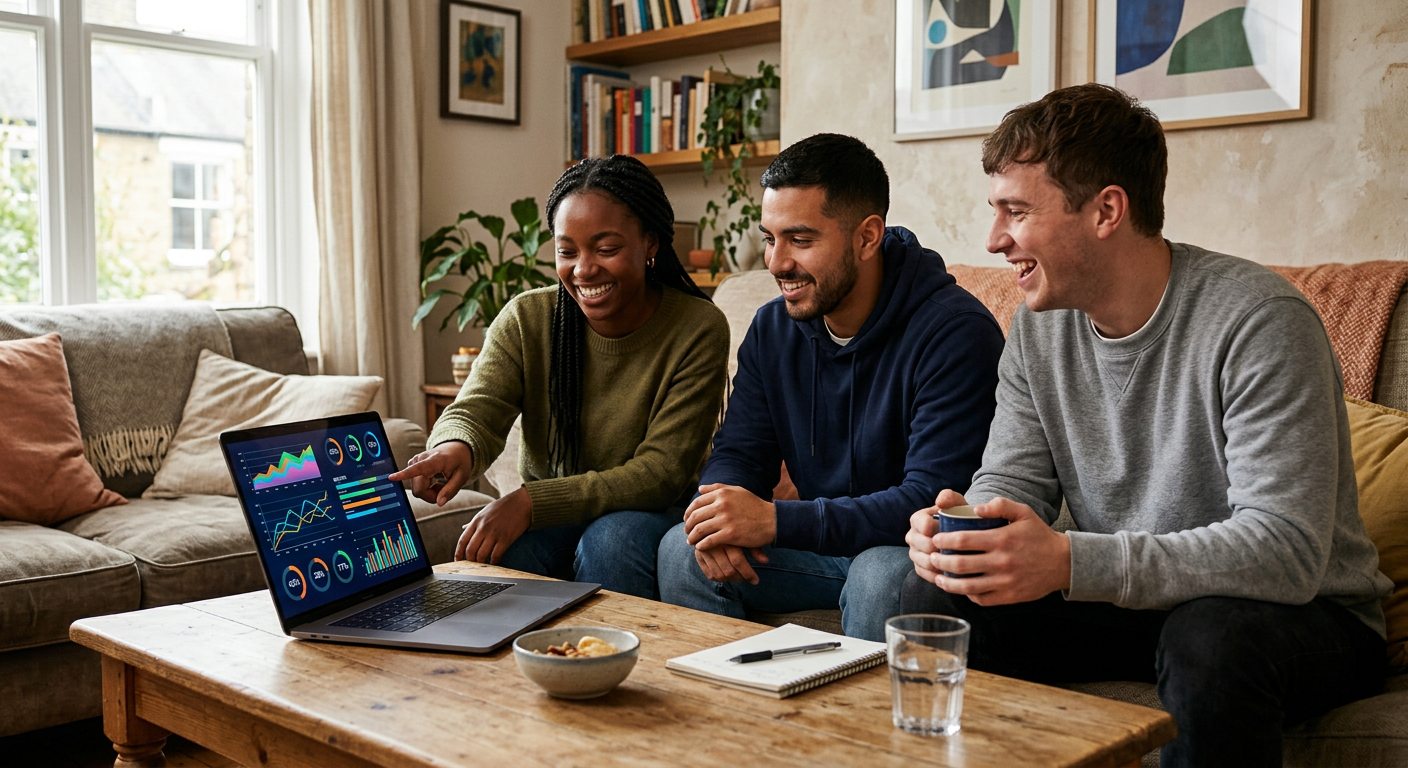Group of people discussing charts and data around a laptop, representing online forum debate
