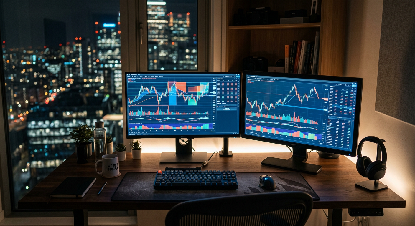 Trader's desk with multiple monitors showing abstract market probability data
