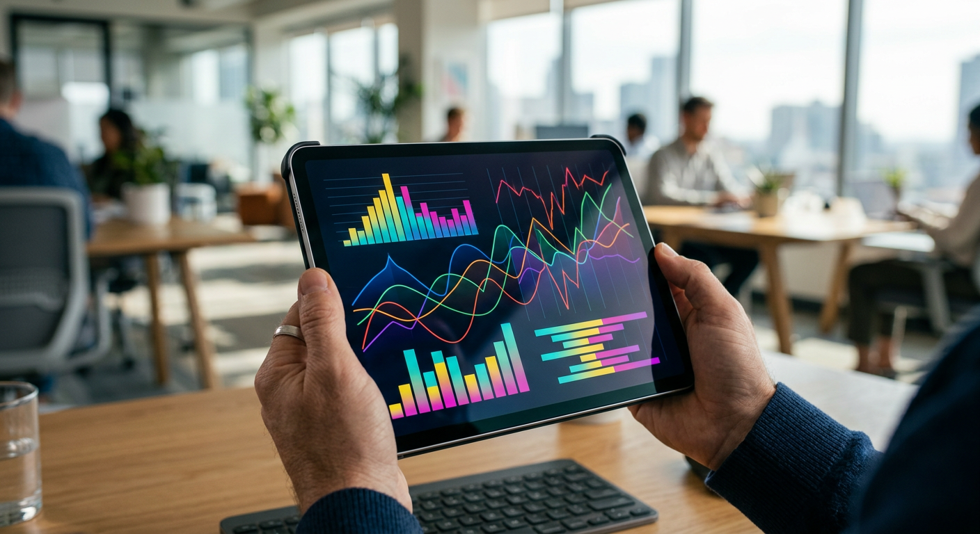 Close-up of hands using a tablet showing abstract market probability graphs