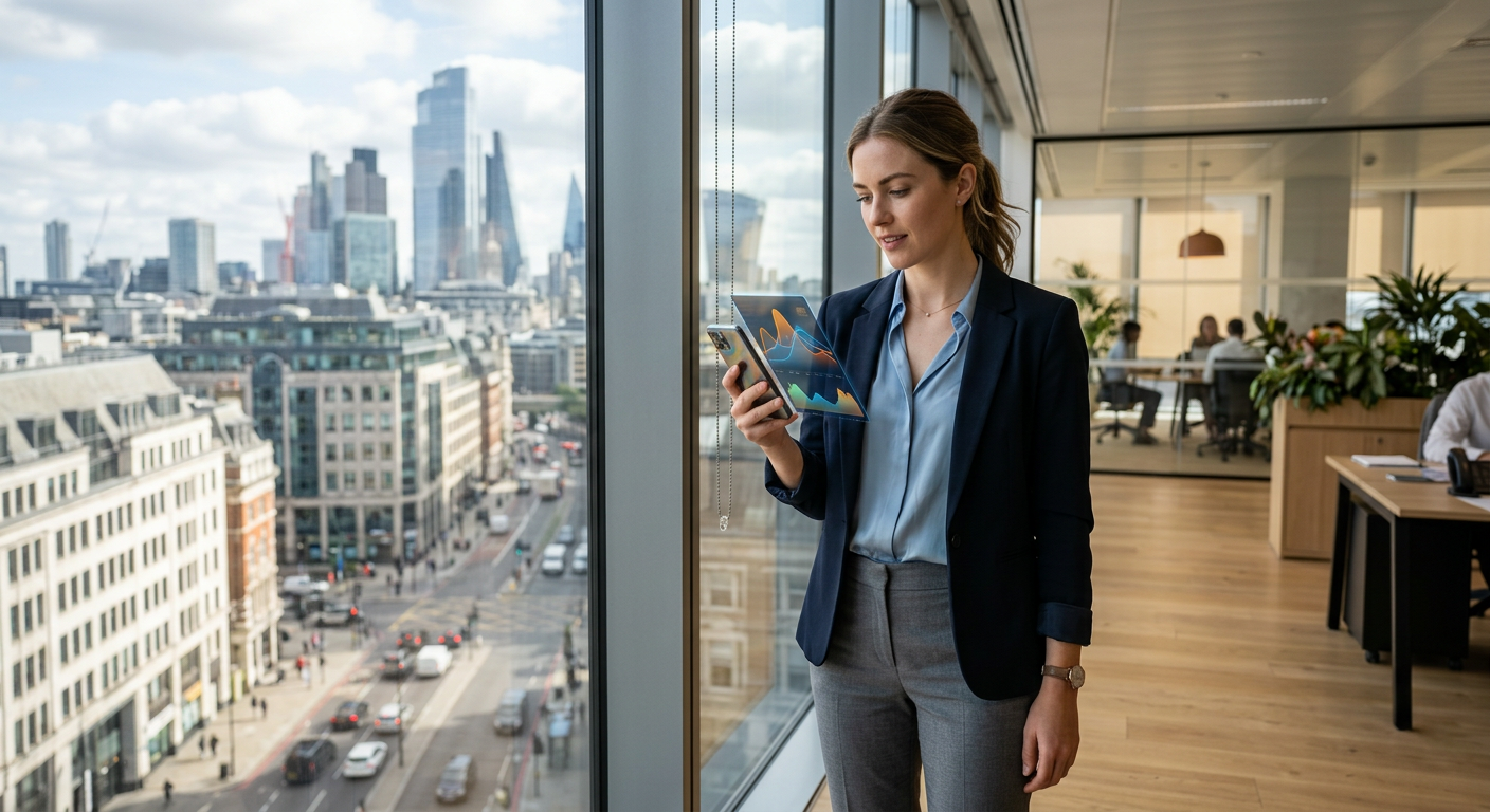 Person checking a smartphone app showing trading charts in a modern office
