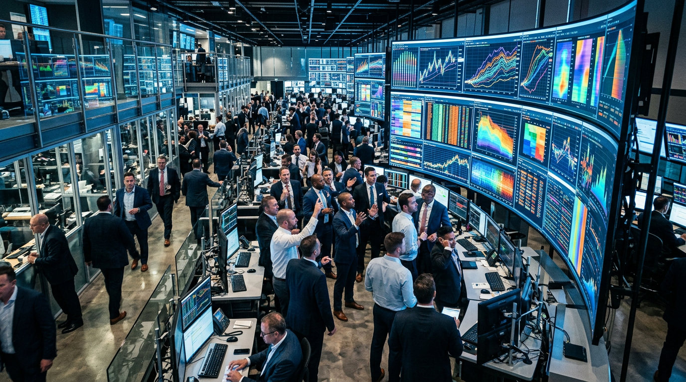 Stock exchange style trading floor with glowing screens and abstract charts