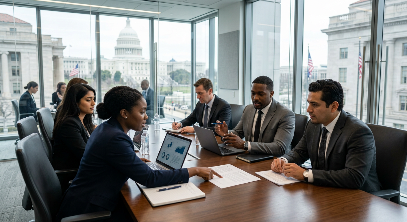 Group of professionals in a modern conference room discussing policy documents