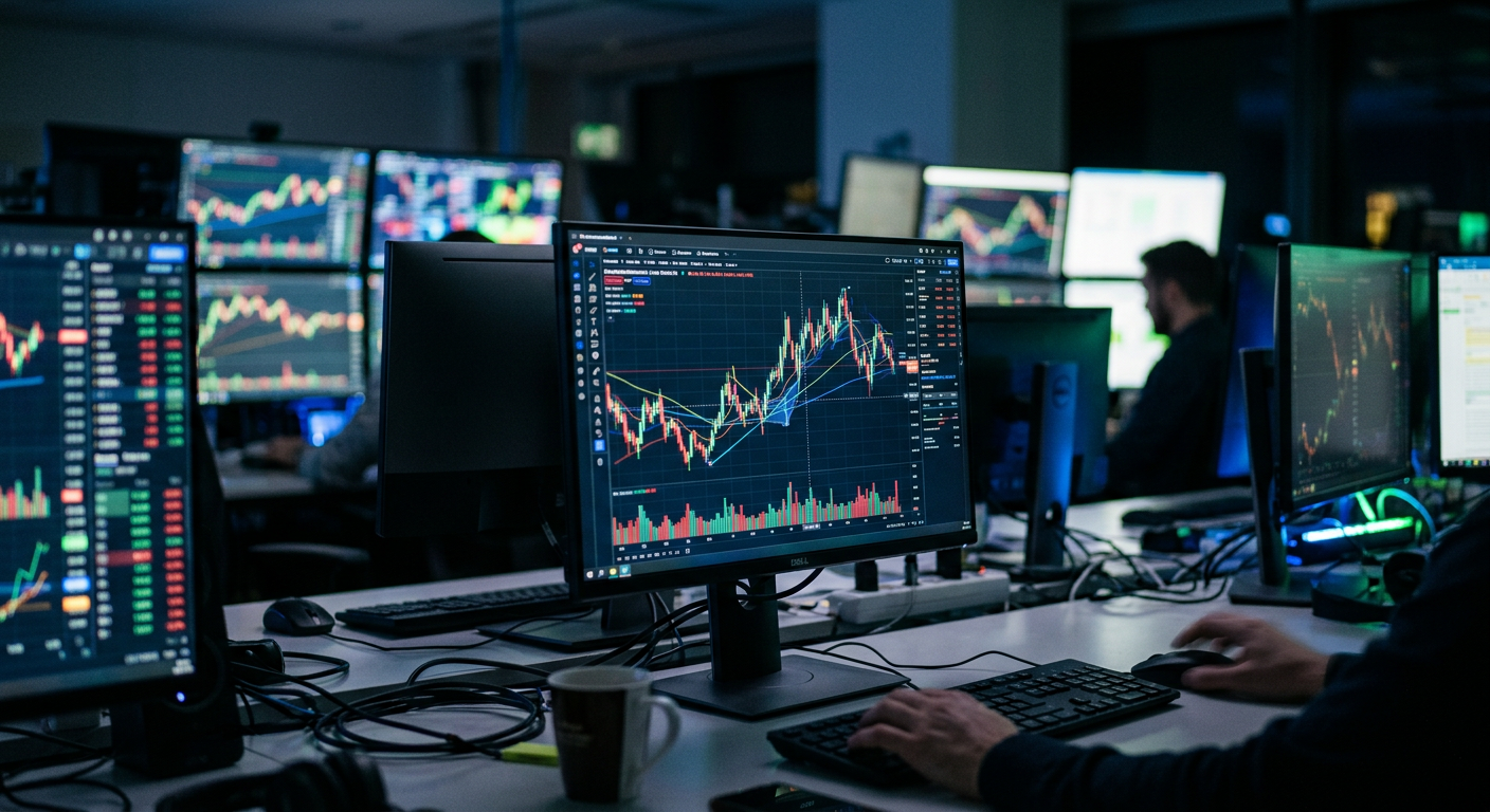 Digital trading screens showing abstract market data in a modern office