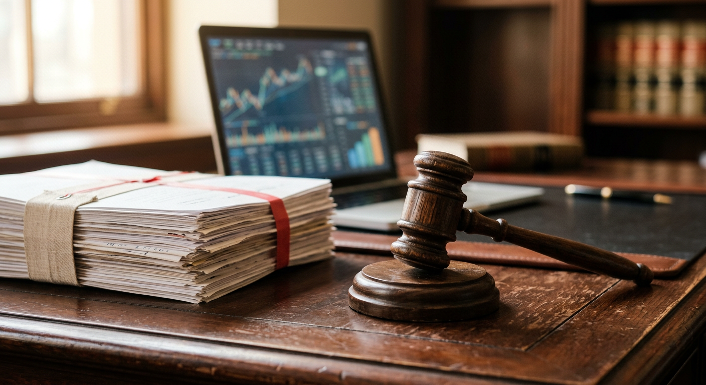 Close-up of a gavel beside financial documents symbolizing regulation and law