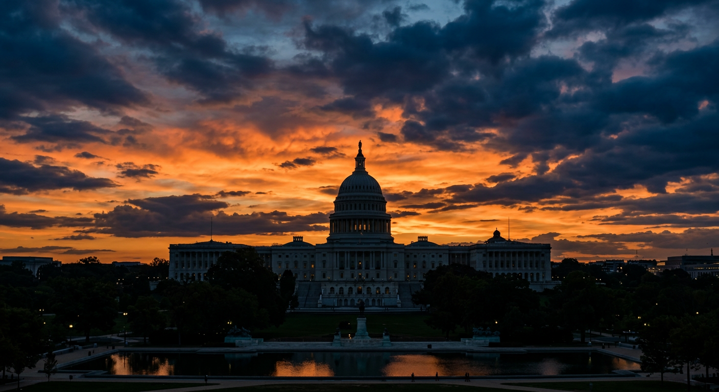 Silhouette of the US Capitol building against a dramatic sky representing federal regulation